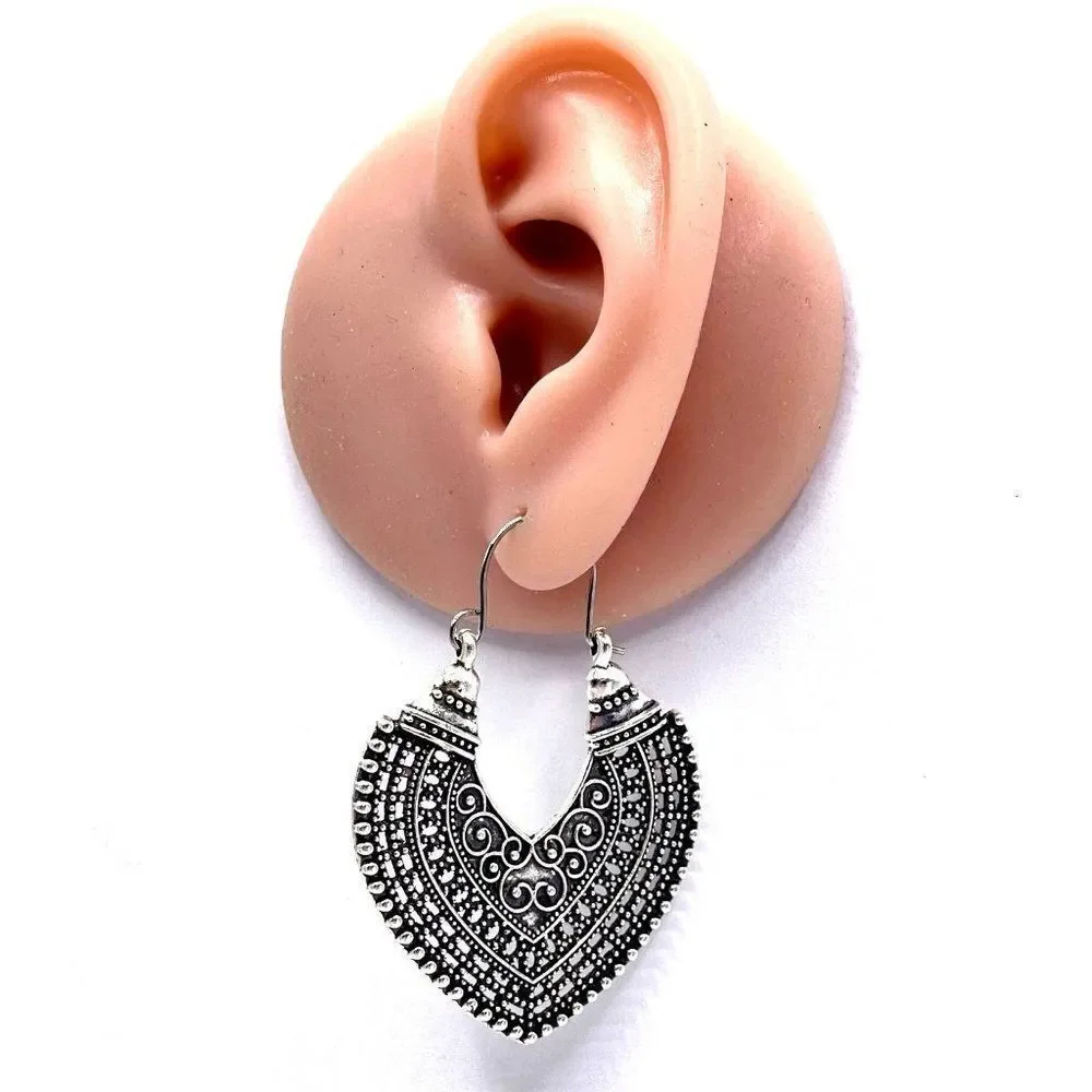 Silver Intricately Detailed Boho Dangling Hinged Hoop Earrings